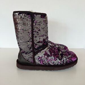 UGG Australia Classic Short Leather Purple Sequin Sheepskin Ankle Boots, 8